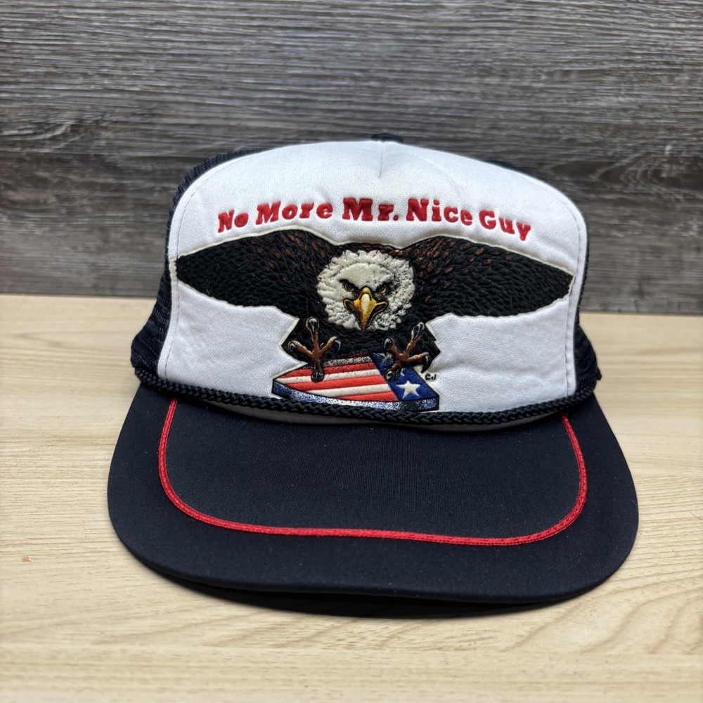 Vintage No More Mr Nice Guy Hat Snap Back Black White Eagle USA Flag Trucker